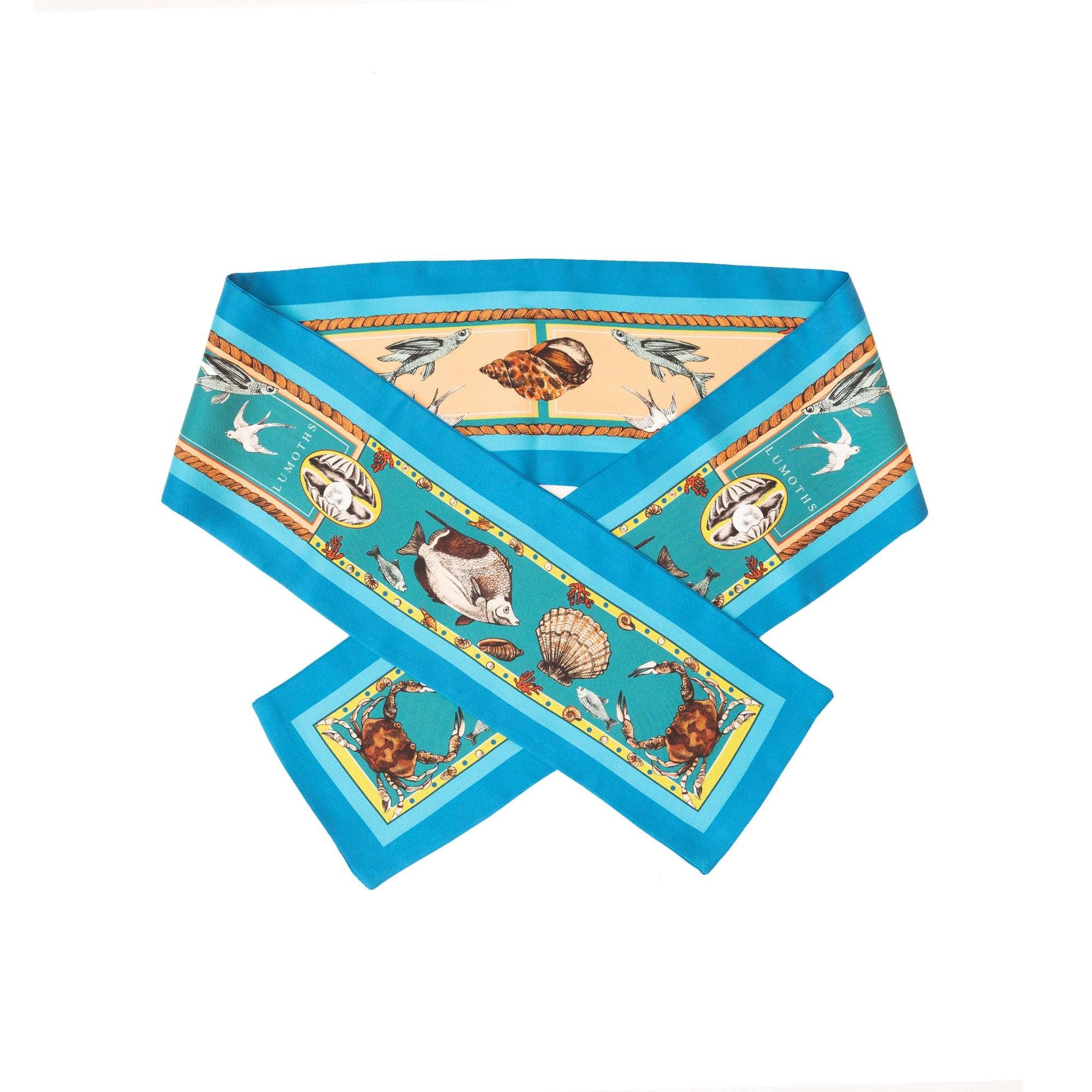 Marine / İnci & Yengeç Deniz Mavi-Turkuaz İpek Twill 14cm X 130cm Şerit Eşarp