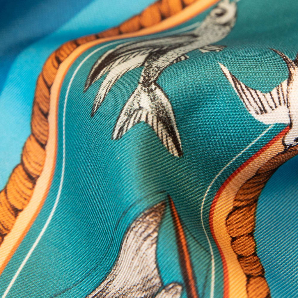 Marine / İnci & Yengeç Deniz Mavi-Turkuaz İpek Twill 14cm X 130cm Şerit Eşarp