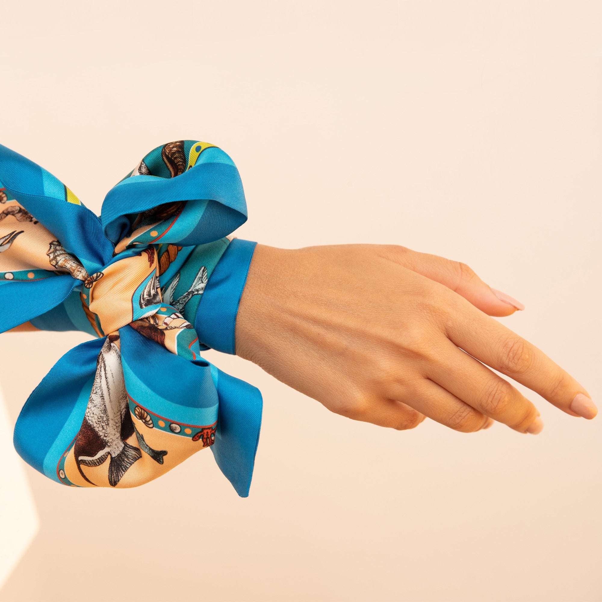 Marine / İnci & Yengeç Deniz Mavi-Turkuaz İpek Twill 14cm X 130cm Şerit Eşarp