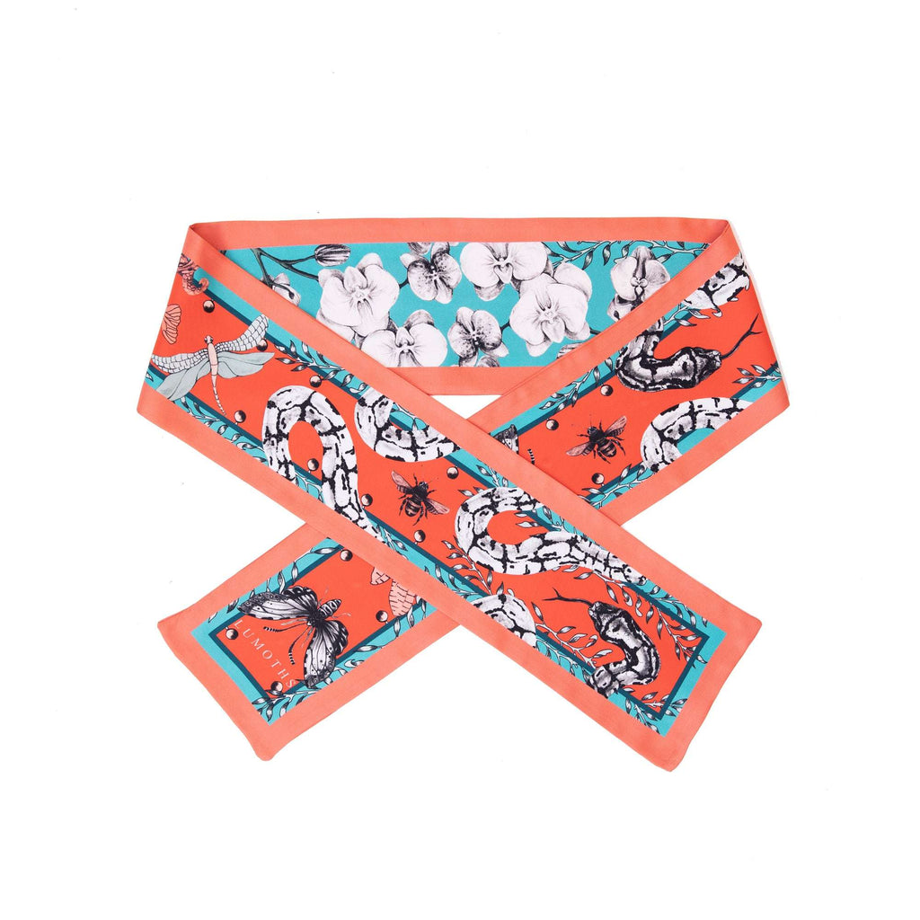 Watcher / Yılanlar & Orkideler Gün Kızılı-Turkuaz İpek Twill 14cm X 153cm Şerit Eşarp