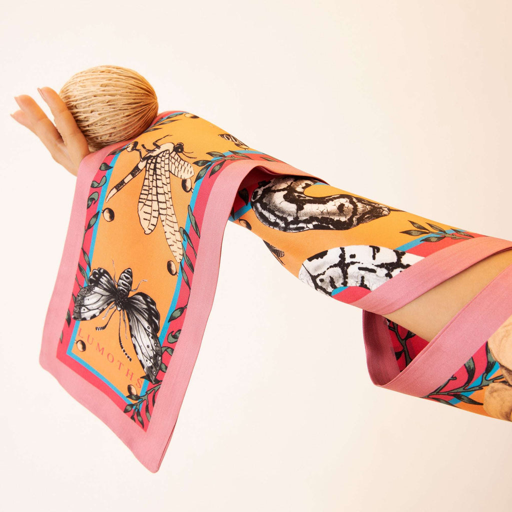 Watcher / Yılanlar & Orkideler Pembe-Mandarin İpek Twill 14cm X 153cm Şerit Eşarp