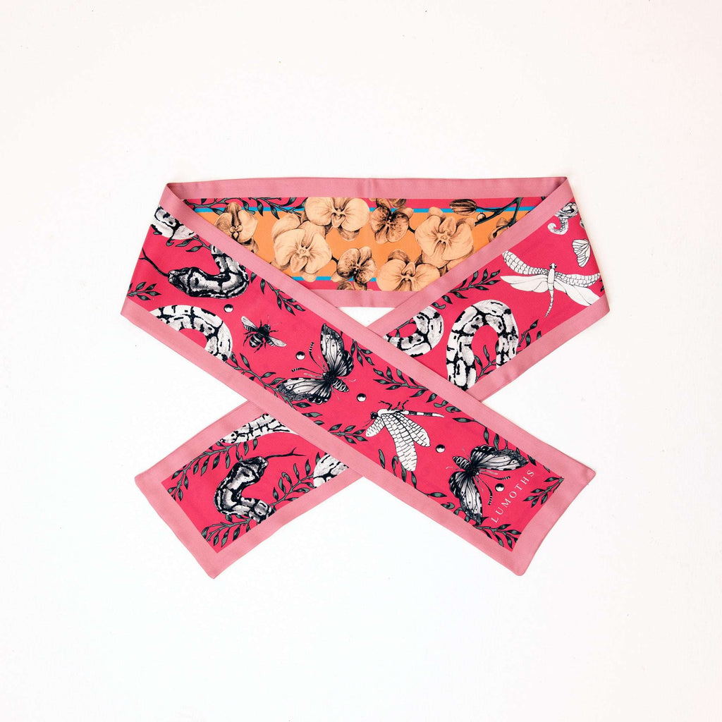 Watcher / Yılanlar & Orkideler Pembe-Mandarin İpek Twill 14cm X 153cm Şerit Eşarp