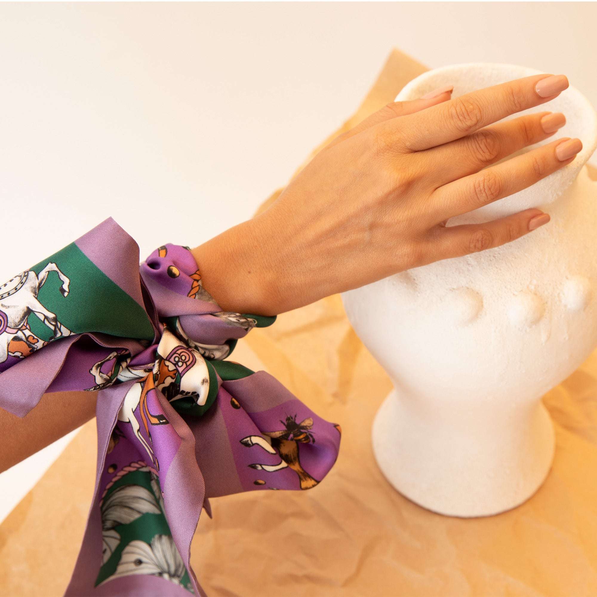 Soulmate / Atlar & Güveler Lila-Koyu Yeşil İpek Twill 14cm X 153cm şerit Eşarp