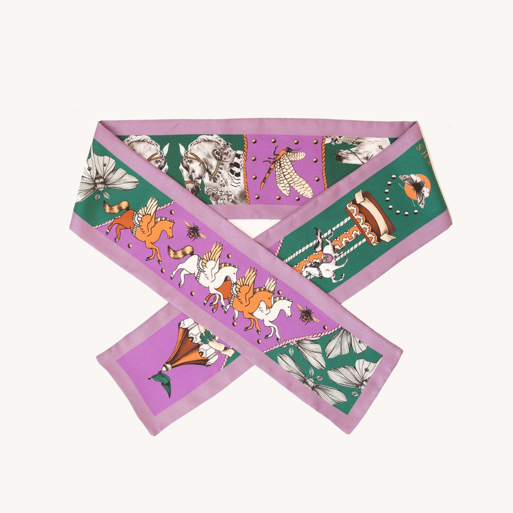 Soulmate / Atlar & Güveler Lila-Koyu Yeşil İpek Twill 14cm X 153cm şerit Eşarp