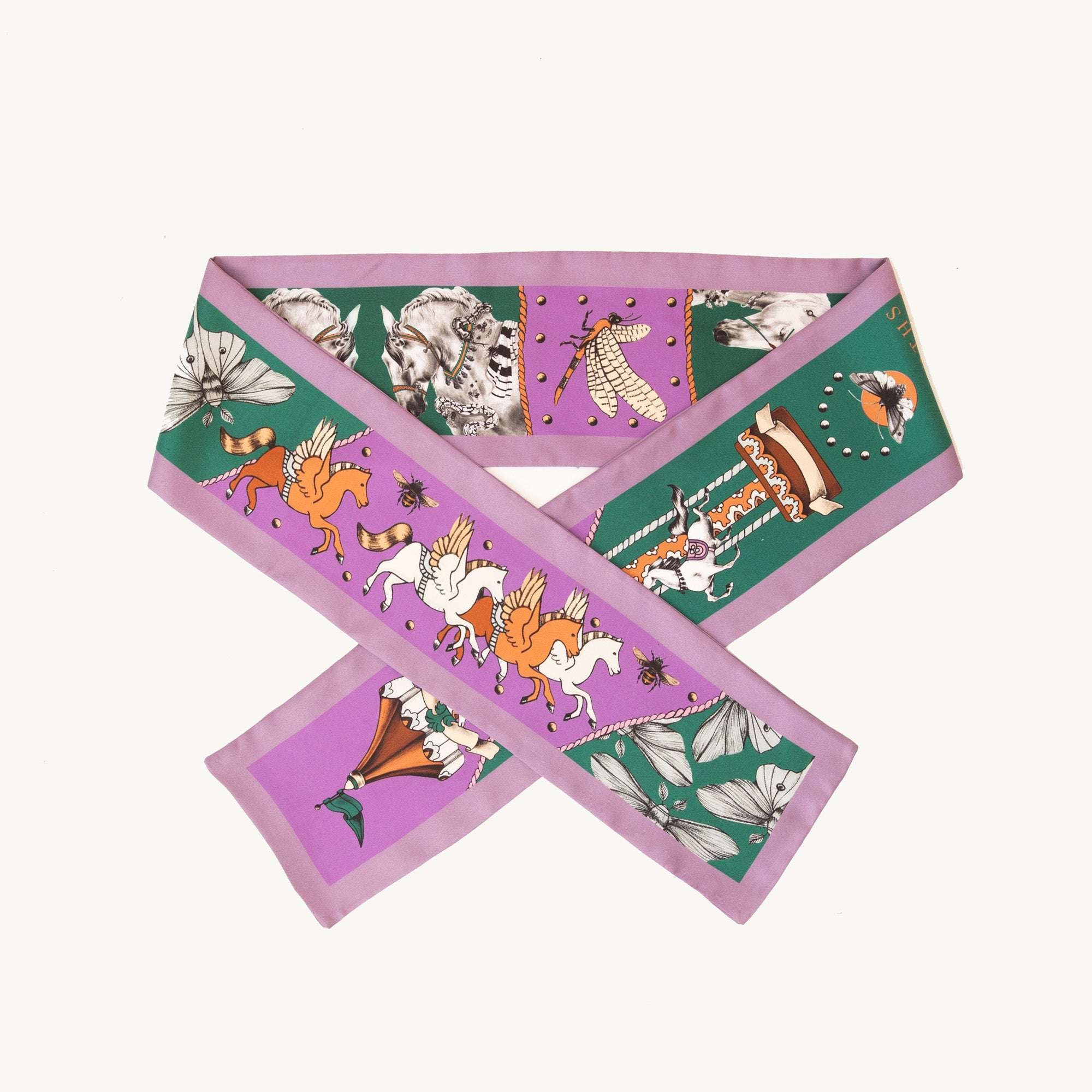 Soulmate / Atlar & Güveler Lila-Koyu Yeşil İpek Twill 14cm X 153cm şerit Eşarp